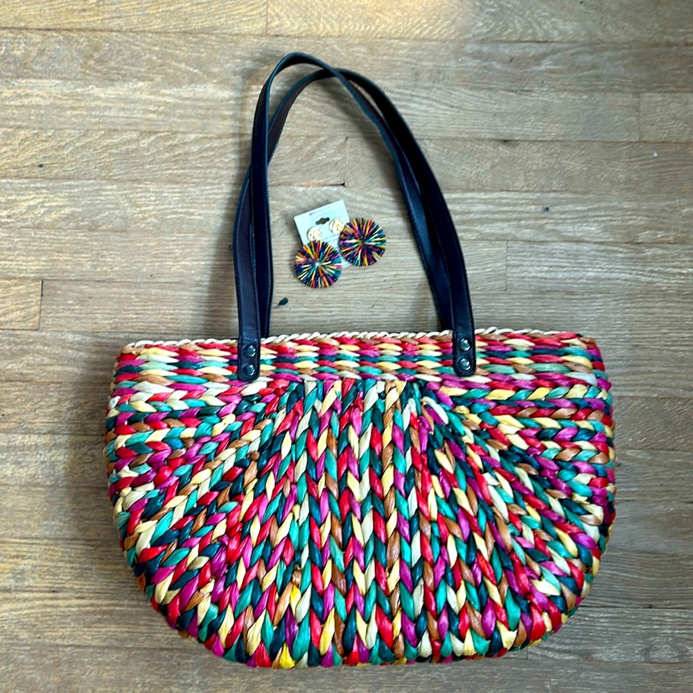 Colorful Seed Earrings with Matching Straw Purse Bag Summer Vacation Resort